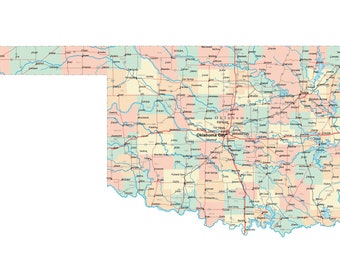 Ok Map With Cities And Counties Oklahoma State Road Map Glossy Poster Picture Photo City | Etsy Ireland