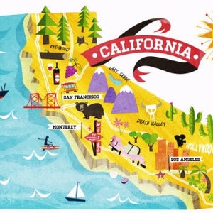 COOL FUN CALIFORNIA Mapa del estado Póster brillante Imagen Foto Banner turismo la