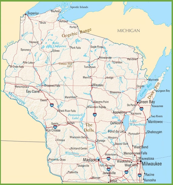 Wisconsin State Map With Cities Wisconsin State Road Map Glossy Poster Picture Photo Banner - Etsy
