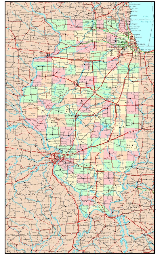Illinois State Road Political Map Glossy Poster Picture Photo | Etsy