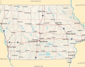 Iowa State Map With Cities Iowa Highway Road Map Glossy Poster Picture Photo Banner City | Etsy