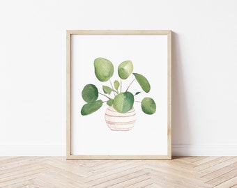 Pilea Peperomia Botanical Art Print, Chinese Money Plant Watercolor House Plant Wall Art, Plant Parent Gifts, Boho Decor, Plant Painting