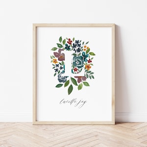 Monograma de letras de guardería, arte de pared personalizado de nombre de bebé, inicial de acuarela personalizada, regalo de baby shower, acuarela floral suelta, habitación para niñas