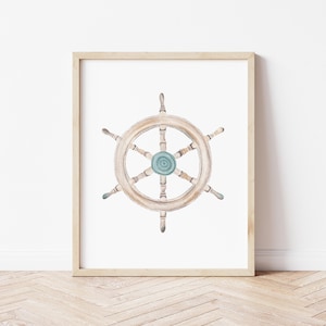 Captains Wheel Nautical Nursery Decor, Watercolor print, Boat art, sea themed nursery art, baby boy room, beach house decor
