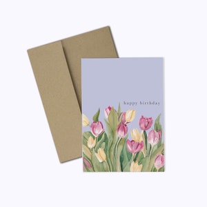 Roze en gele tulp verjaardagskaart A2 wenskaart, notitiekaart, lenteverjaardag, leeg binnen, aquarel tulpenkaart