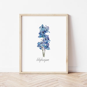 July Birth Flower Delphinium | Birth Flower Watercolor Print | Botanical Floral Illustration | Birth Month Art | Wall Decor | Gifts for Her