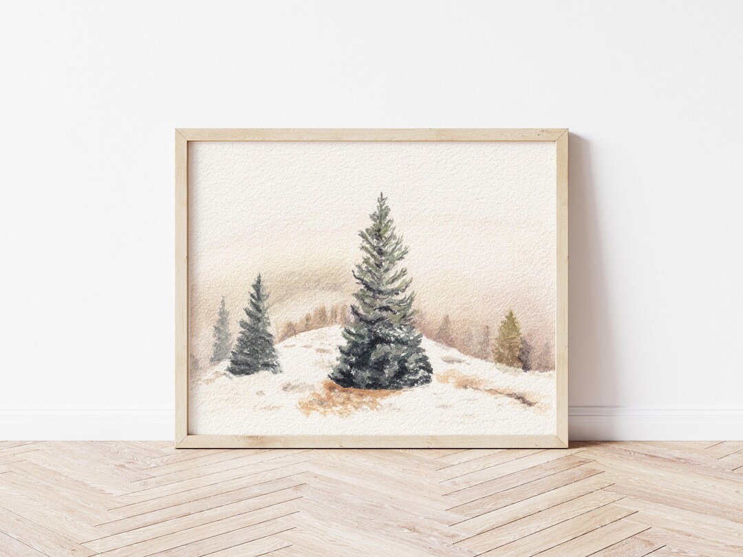 Watercolor Winter Landscape, Pine Tree Painting, Winter Forest Print ...