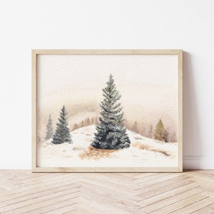 Watercolor Winter Landscape, Pine Tree Painting, Winter Forest Print, Christmas Tree Painting, Cottagecore Christmas
