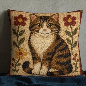 May include: A square throw pillow featuring a textured, hooked-rug style design of a brown tabby cat sitting centered. The cat is flanked by two tall stems with red and yellow flowers on a cream-colored background, finished with a dark red border.