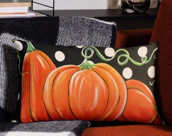 12x20 in Orange Pumpkins, Black and White Polka-Dots Printed from Original Hand Painted DESIGN on a Premium Pillow. Double Sided with Insert