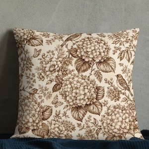 Brown Transferware Hydrangea PRINT Premium Pillow Double Sided with Insert