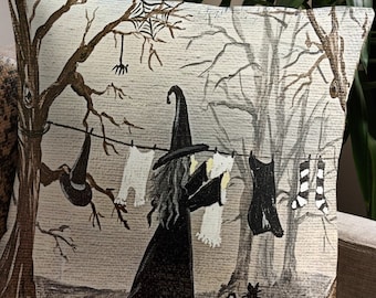 Halloween Witch Clothesline Printed from Original Hand Painted DESIGN on a Premium Pillow. Double Sided with Insert.