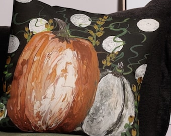 Orange and White Pumpkins with Polka-dots Printed from Original Hand Painted Design on a Premium Pillow. Double Sided with Insert. 18" x 18"