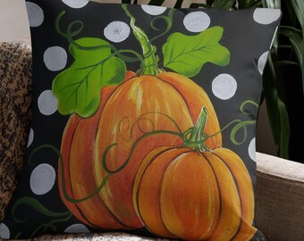 Two Orange Pumpkins with white Polka-Dots Printed from Original Hand Painted DESIGN on a Premium Pillow. Double Sided & Includes Insert