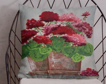 Gerani rosa e rossi in vasi di terracotta stampati da un disegno originale dipinto a mano su un cuscino di alta qualità con inserto incluso