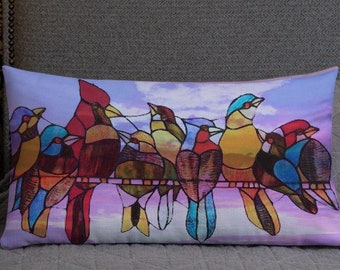 Birds of a Feather II Premium Throw Pillow with Stained Glass Birds...