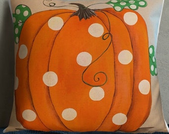 Original Hand Painted DESIGN Printed on a Premium Pillow. White Polka Dots on Orange Pumpkin. Includes insert.