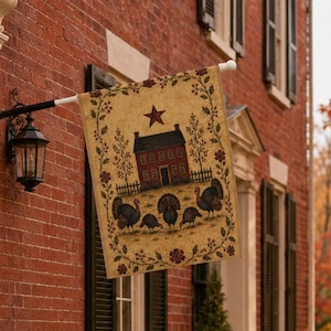 Primitive Fall House Flag 24.5 x 32, Colonial Farmhouse Turkey Flag, Rustic Thanksgiving Porch Decor, Country Autumn Outdoor Flag