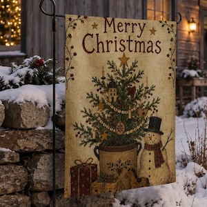 May include: A rectangular garden flag with a vintage-style beige background featuring the text Merry Christmas at the top. The design includes a decorated pine tree in a pot, a snowman wearing a top hat, and wrapped gifts in a rustic style.