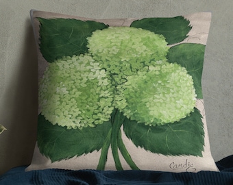 Green Hydrangea Flowers, Printed from Original Hand Painted DESIGN on a Premium Pillow. Includes insert.