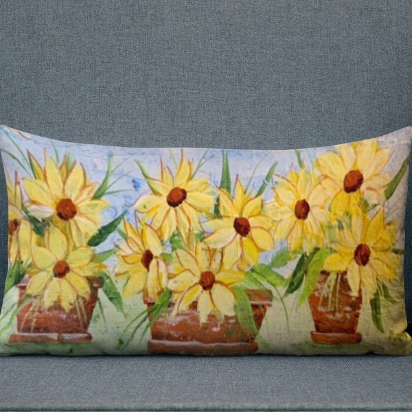 Yellow Sunflowers in Tera Cotta pots, Printed from Original Hand Painted DESIGN on a Premium Pillow. Includes insert. 12" x 20"