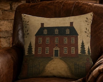 Primitive Red Manor Folk Art PRINT double sided Pillow with insert | Colonial Farmhouse Manor House |  Early American Primitive Art