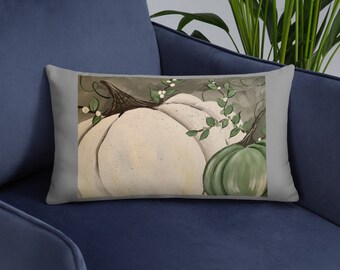 White Pumpkins and a Green pumpkin on gray background Printed from Original Hand Painted DESIGN on a Basic Pillow. Includes insert. ,