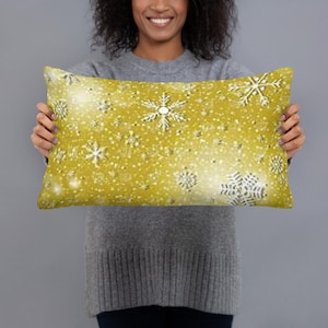 12”x20” Golden Christmas Throw Pillow with Snow Flakes,,,Front & Back Design..FREE Shipping.  Made in the USA