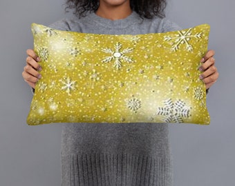 12”x20” Golden Christmas Throw Pillow with Snow Flakes,,,Front & Back Design..FREE Shipping.  Made in the USA
