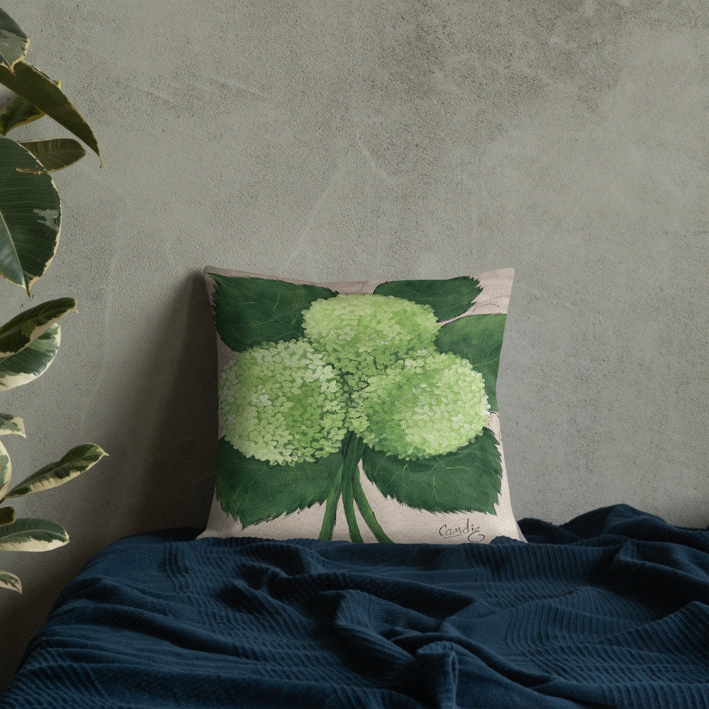 Country Accent Pillow Great gift for Her Home Decor Premium Pillow Green Hydrangea Flower Pillow