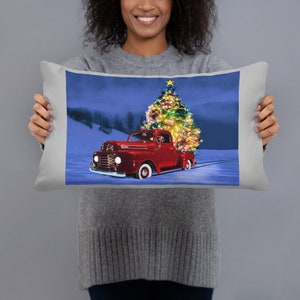 Old Red Truck and Dazzling Christmas Tree on a 12”x20” Throw Pillow.