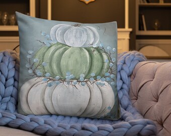 Fall White Green White Stacked Pumpkins, Printed from Original Hand Painted DESIGN on a Premium Pillow. Includes insert.