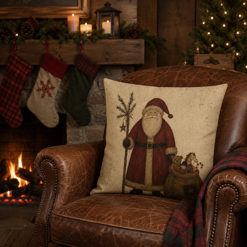 May include: A square throw pillow with a beige background featuring a printed illustration of Santa Claus wearing a red coat and hat, holding a staff with a star, and standing next to a brown sack filled with toys including a teddy bear and horse.