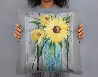 Barattolo a sfera con girasoli gialli su sfondo grigio, stampato dal DESIGN originale dipinto a mano su un cuscino di alta qualità. Include inserto.