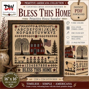 May include: A counted cross stitch pattern titled Bless This Home featuring a red house, American flag, willow tree, sheep, and alphabet on a tan background. The pattern includes 9 DMC colors, a full color symbol chart, and a 16 inch by 16 inch finished size on 14 count Aida fabric.