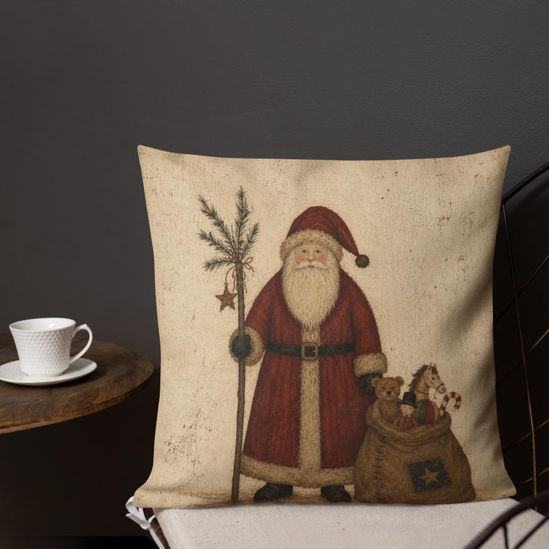 18x18 Primitive Santa Pillow, Rustic Christmas Folk Art Decor, Vintage Father Christmas with Toys, Country Holiday Throw Pillow