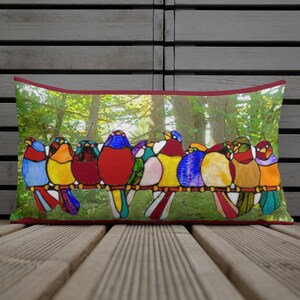Stunning Stained Glass Birds Premium Throw Pillow Dark red version...Woodland setting image..12x20/18x18/20/20