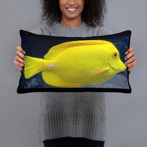 One Fish Yellow Fish Throw Pillow, Brilliant Color on a Black Background.FREE Shipping...Makes a Great Gift. 12&quot; x 20&quot;