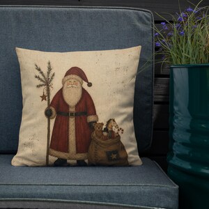 18x18 Primitive Santa Pillow, Rustic Christmas Folk Art Decor, Vintage Father Christmas with Toys, Country Holiday Throw Pillow