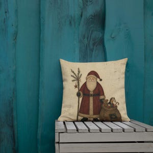 18x18 Primitive Santa Pillow, Rustic Christmas Folk Art Decor, Vintage Father Christmas with Toys, Country Holiday Throw Pillow