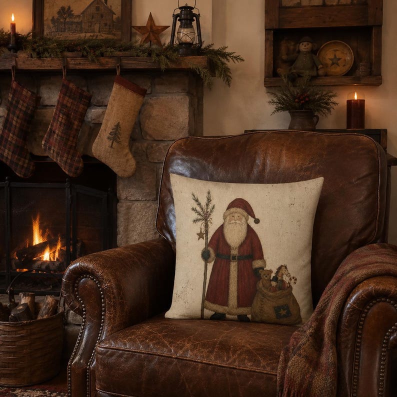May include: A square throw pillow featuring a printed illustration of Santa Claus in a red coat and hat, holding a staff with a star, standing next to a sack filled with toys including a teddy bear and a rocking horse on a cream background.