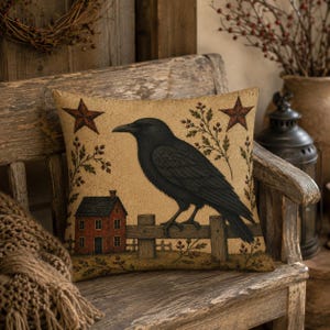 Primitive Crow Pillow PRINT, Rustic Farmhouse Folk Art Decor, Country Crow Sampler,primitive crow Double Sided with Insert