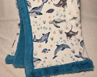 minky blanket-plush throw blanket-super soft blanket-animals of the ocean-sea creatures
