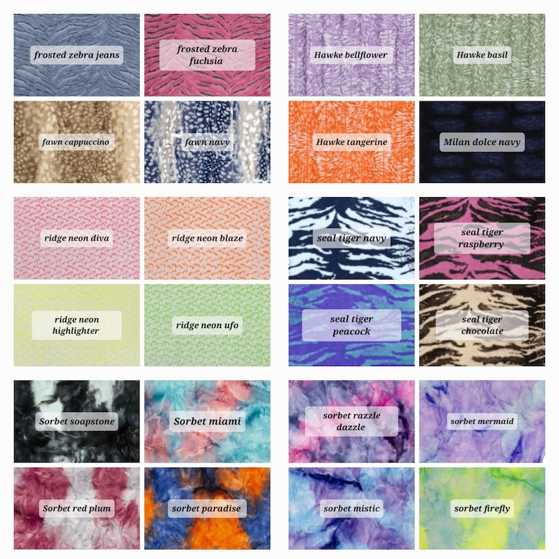 Pu&ograve; includere: Una collezione di campioni di tessuto in vari colori e fantasie. I campioni includono texture come stampa zebrata, tie-dye e spina di pesce. Ogni campione ha un'etichetta con un nome unico, come "frosted zebra jeans" e "sorbet miami".