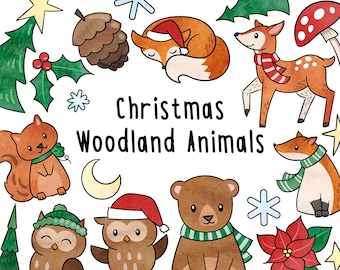 Watercolor Clipart Woodland Animals Christmas, Instant Digital Download, Limited Commerical Use - bear, fox, owl, fawn, forest critters,