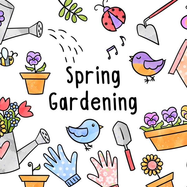 Watercolor Clipart Spring Gardening, Instant Digital Download, Limited Commerical Use - cute watering cans, spring flowers, birds, garden