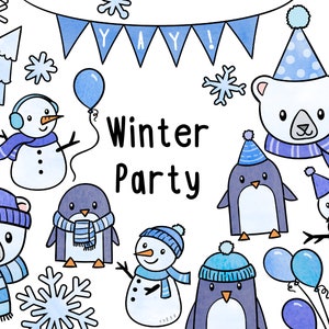 Watercolor Clipart Winter Party, Instant Digital Download, Limited Commerical Use - birthday, classroom, snowflake, penguin, polar bear