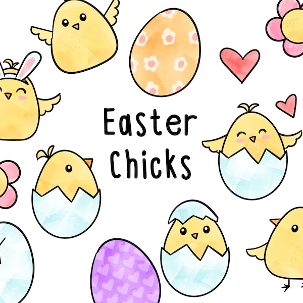 Watercolor Clipart Easter Chicks, Instant Digital Download, Limited Commerical Use - kawaii chicks in shells, easter eggs, flowers