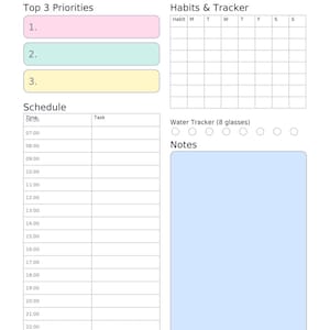 May include: A Daily Planner with sections for Top 3 Priorities, Schedule, Habits & Tracker, Water Tracker, and Notes. The planner has a light purple header with the words "Daily Planner". The planner is designed for personal use.
