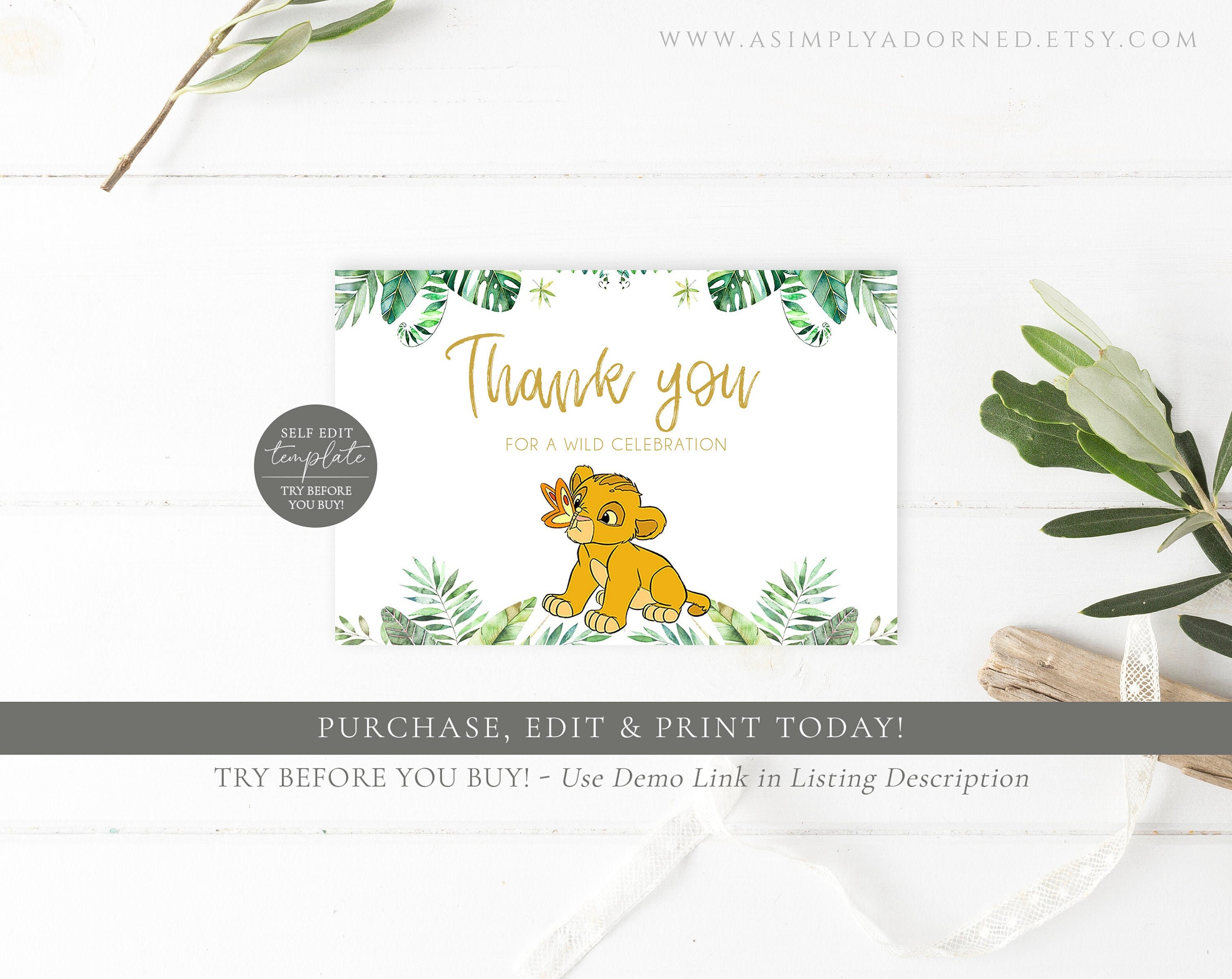 Simba Thank You Card Editable Lion King Baby Shower Etsy